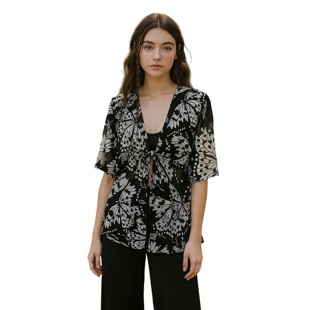 Vintage‎ Y2K Contour Women Tie Front Black White Butterfly Blouse Fairy XL